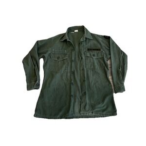 Vintage 1970s Vietnam Era Green Army Embroidered Cotton Sateen Shirt Size M